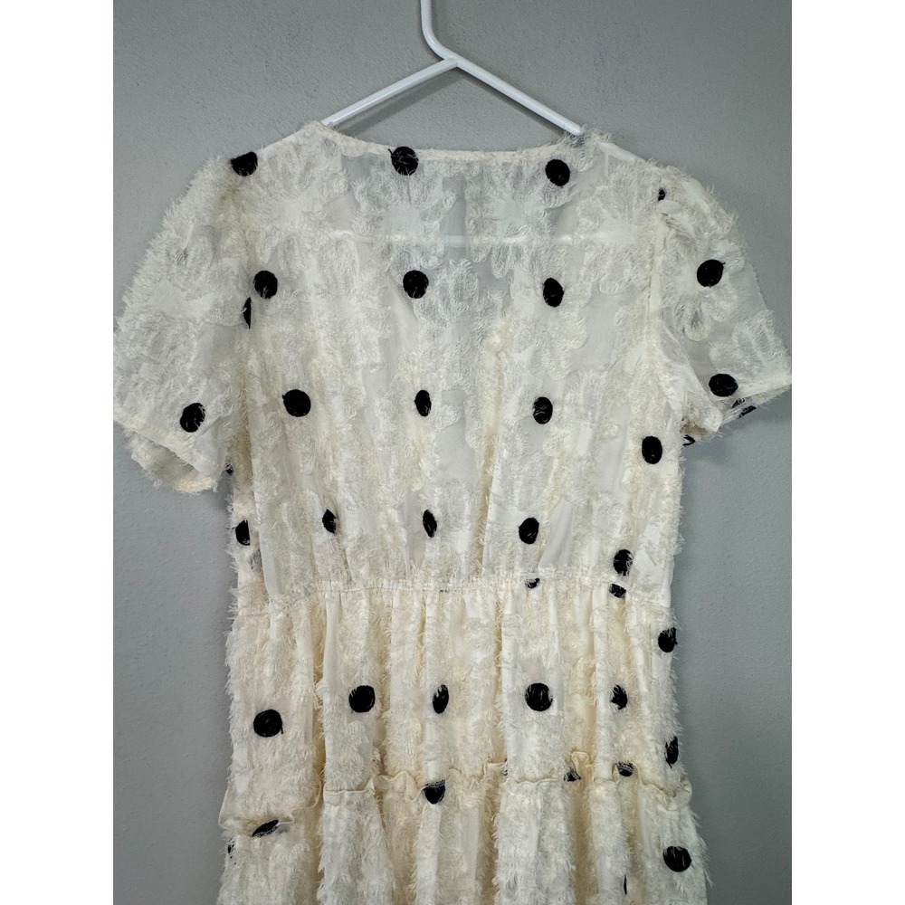 NWT Polka Dot Eyelash Fringe Cream Tiered Dress V-Neck Puff Sleeve Cream Med 6 8 - Picture 6 of 16
